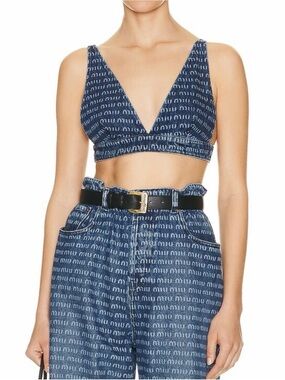 Miu Miu Blue Logo-Print Denim Bralette Top